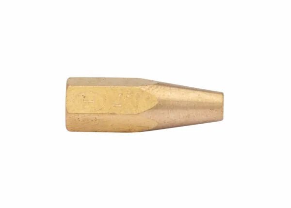 A close-up of the Harris Model 8490-6N Separable Brazing Tip - 1602110, made from brass barstock with a hexagonal form and textured surface, is shown horizontally on a white background. This tip is compatible with alternate fuels.