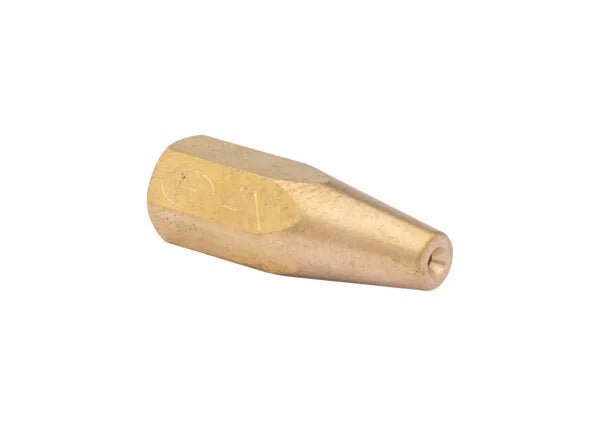 The Harris Model 8490-7N Separable Brazing Tip - 1602120 is a small, solid brass tip with a hexagonal base tapering to a rounded end and a centered hole. It features faint side markings and has a smooth matte finish against a plain white background.