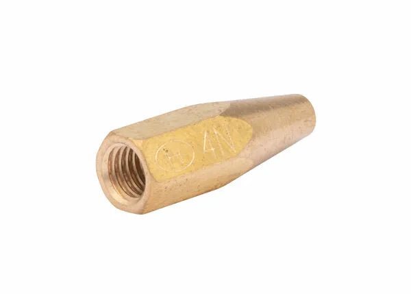 A close-up of the Harris Model 8490-7N Separable Brazing Tip (1602120) shows its hexagonal brass body, tapered end, visible internal threading, “4V” marking, and a dull metallic finish characteristic of brass fittings.