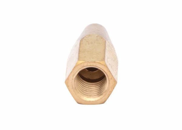 A close-up view of the Harris Model 8490-8N Separable Brazing Tip - 1602130, positioned vertically on a white background, highlighting the opening and internal threading facing the camera.
