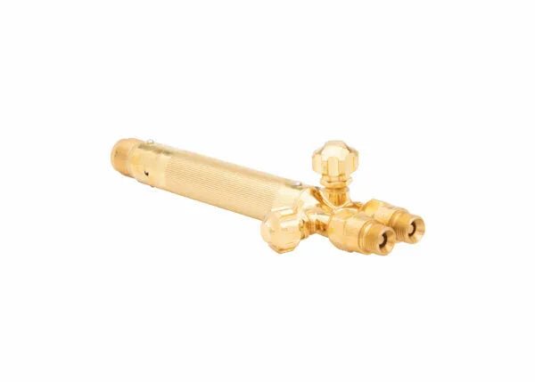 A Harris Model 85 torch handle with a textured grip and two control valves, this brass welding torch handle is isolated on a white background.