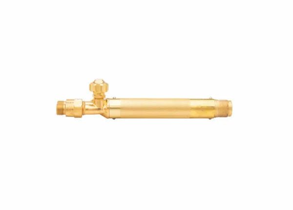 A brass Harris Model 85 torch handle with a cylindrical body and an adjustment valve on top, designed for controlling gas flow in welding or cutting applications. The handle features threaded ends for attachment to other equipment.