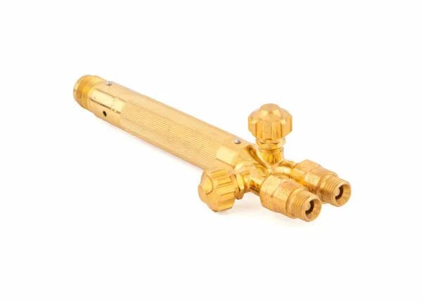 A Harris Model 85 combination torch handle with three control valves and threaded connections, positioned on a white background.