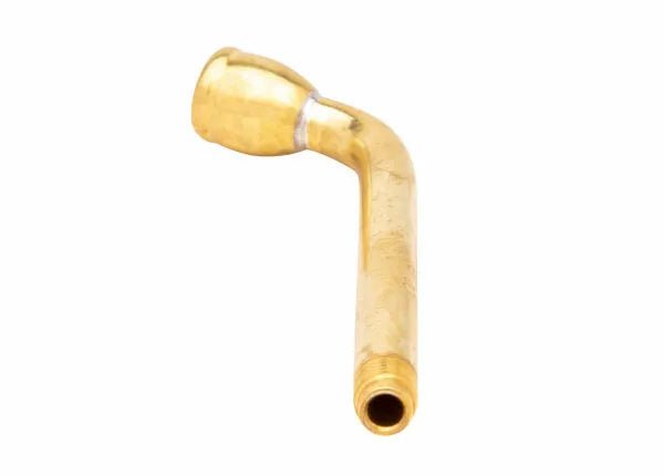 A brass L-shaped pipe fitting with threaded ends, similar in style to a Harris Model 8593 tip tube, commonly used for plumbing or mechanical connections, isolated on a white background.