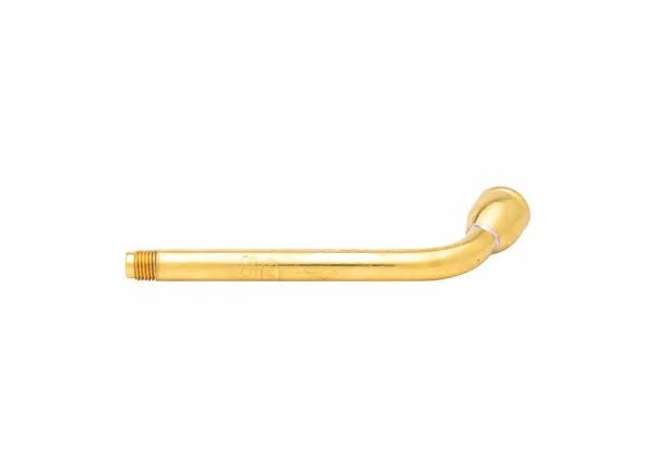 A gold-colored, L-shaped brass tip tube with a threaded end, compatible with Harris Model 8593 tip tube and Model 1390 series tips, isolated on a white background.