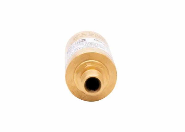 A cylindrical brass flashback arrestor filter with a threaded opening, shown from the end facing the viewer, against a white background—ideal for fuel gas regulator-type flashguard applications.