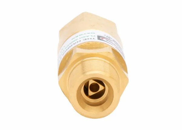 A close-up of the Harris Model 88-5N FBTR Torch-Type Flashback Arrestor (R) - 4301628 highlights its threaded end, internal safety mechanism, tapered cylindrical body, and labeled upper section against a plain white background.