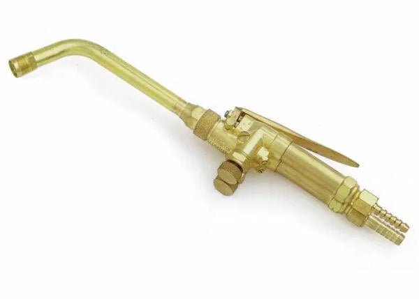 The Harris Model 89-3 Heating and Soldering Torch Assembly (1400382) features a brass nozzle with an angled spout, control valve, and lever handle. Designed for gas hose attachment, it’s ideal for welding or soldering. Plain white background.