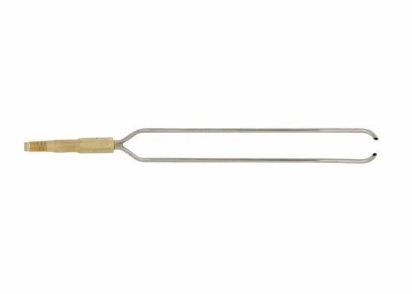 The Harris Model 9500 TWIN TIP - QC9500 features twin metal prongs and a brass handle with a threaded end for attachment, ideal for precise twin tip brazing. Shown against a plain white background.