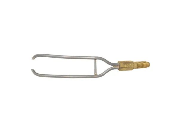 The Harris Model 9503 TWIN TIP (1/8 x .065 x 6.875, QC9503) features two parallel prongs and a cylindrical, threaded brass handle for secure attachment, shown on a plain white background.