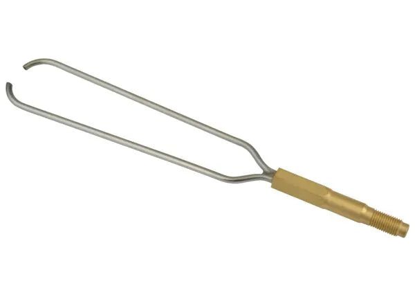 The Harris Model 9508 TWIN TIP (SS 1/8X.065X7.875 - QC9508) features twin prongs and a gold-colored, threaded handle, making it ideal for brazing tasks while maintaining a simple, functional design.
