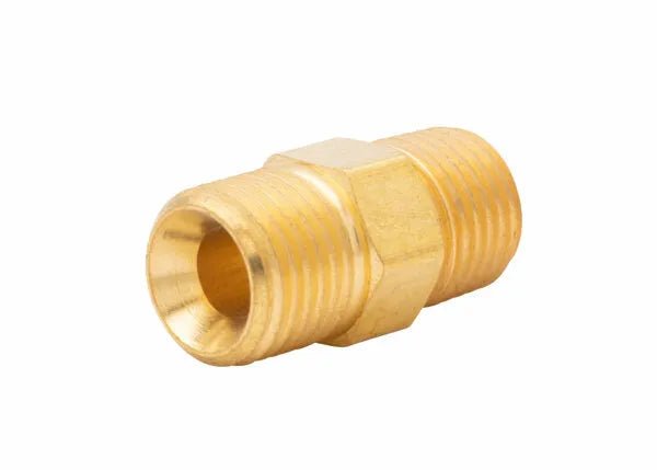 Harris 957-R Nipple-Outlet for Ironferno Torch, external threads, hex center—welding torch accessory. White background.