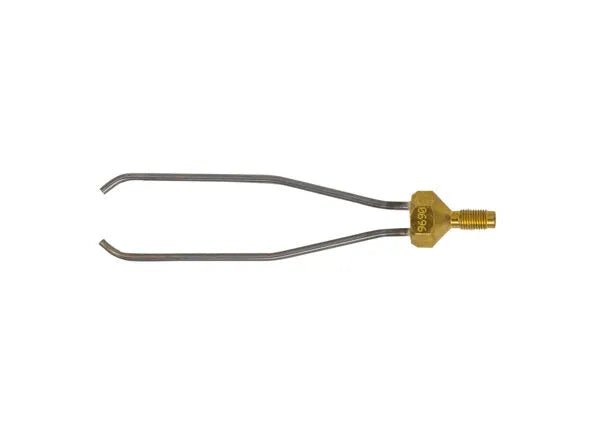 A metal tool with two straight, parallel prongs slightly bent at the tips and attached to a threaded brass hex fitting, resembling a Harris Model 9690 TWIN TIP - QC9690 brazing torch.