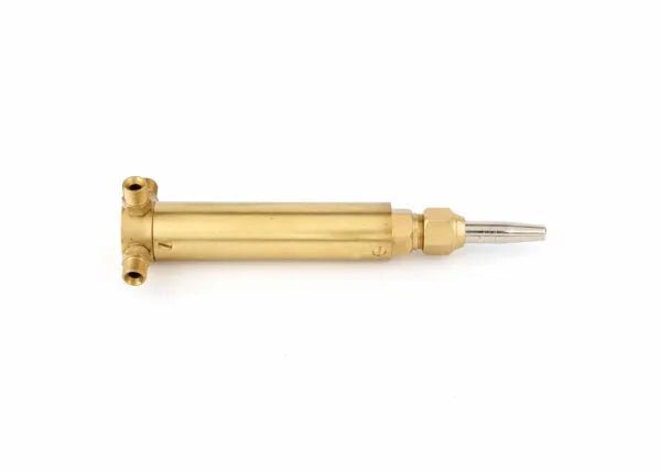 Harris 1101455 98-6FR-32 machine cutting torch with 10" barrel, dual hoses, rack, and pointed nozzle for welding equipment.