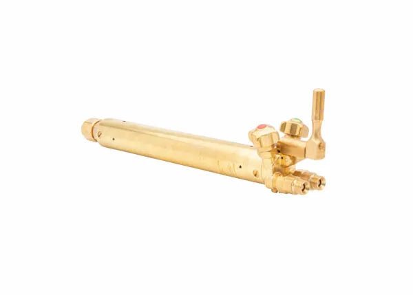 Harris 1101465 98-6TFR-32 brass machine cutting torch with 3 hoses and 10" barrel, WeldingMart welding tool, isolated white bg.