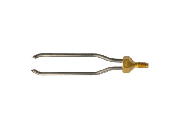 Harris Model 9866S Twin Tip 3/16 X 6 welding tool with brass connector, two prongs, for brazing, on white background.