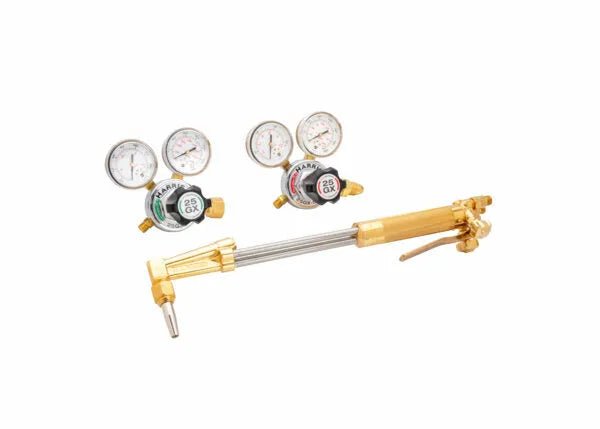 Harris Model ALT 25GX Cutter Pac oxy-acetylene welding torch kit with CGA 540/510P gauges and regulators on white, WeldingMart.