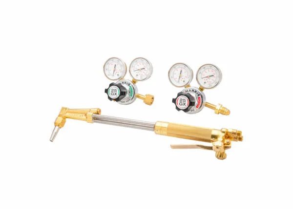 Harris ALT 25GX heavy-duty oxygen cutting torch kit with CGA 540/510P regulators and gauges for welding, on white background.