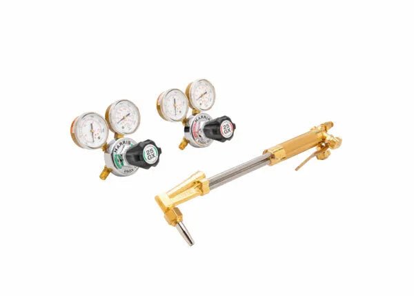 Harris ALT 25GX Cutter Pac welding tool set with dual regulators, brass torch handle, and cutter tip on white background.