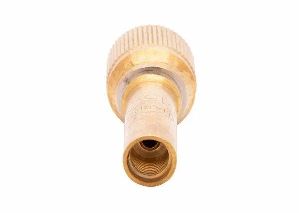 The Harris Model B-15-3F Equal Pressure Mixer (9105207) is shown front-facing, featuring a ridged brass grip, gold-toned finish, internal threading, and a hollow cylindrical design for equal pressure mixing applications.