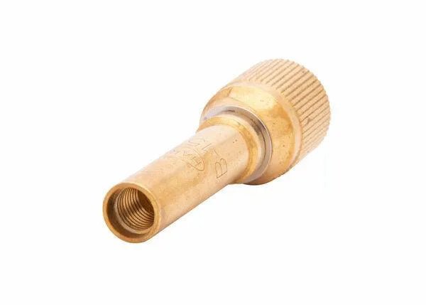 The Harris Model B-15-3F Equal Pressure Mixer - 9105207 has a cylindrical brass body, textured grip, and internal threading for hose attachment. Clean and new on a white background, it’s ideal as a low-pressure mixer for brazing and heating applications.