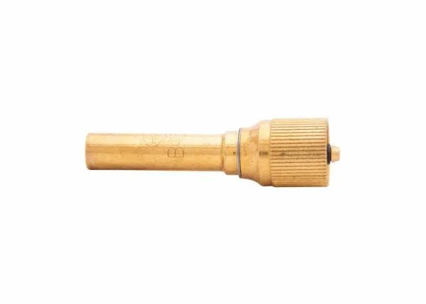 The Harris Model B-15-3F Equal Pressure Mixer - 9105207 is a brass-colored, cylindrical nozzle with a knurled adjustment knob and a tapered tube, ideal for brazing and heating, shown against a white background.