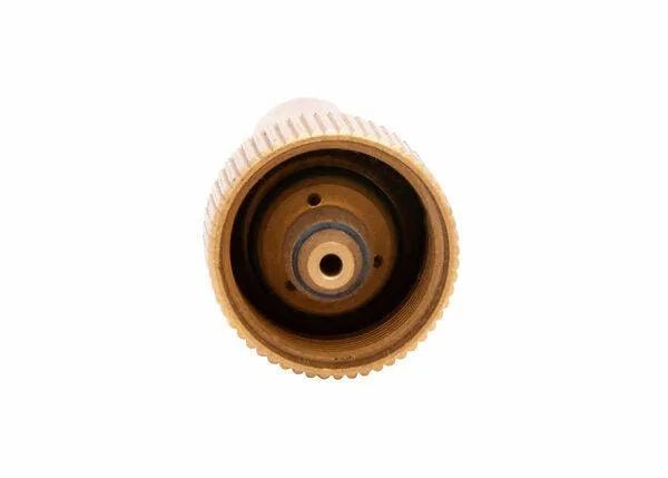 Close-up of the Harris Model B-15-3F Equal Pressure Mixer (9105207) shows its threaded brass interior with circular patterns and central water opening, viewed straight on against a plain white background. Ideal for low-pressure mixer or F injector use.