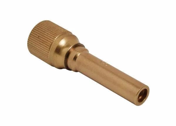The Harris 9100072 B-15-3S Alternate Fuels Injector Mixer features a brass body with a knurled grip on one end and a cylindrical extension, ideal for plumbing or gas use. The smooth, slightly reflective surface enhances durability.