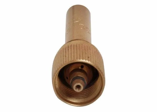 A close-up of a brass gas cylinder valve shows the threaded connector and central pin. Compatible with the Harris 9100072 B-15-3S Alternate Fuels Injector Mixer, it features a ridged grip, visible nozzle, and internal components.