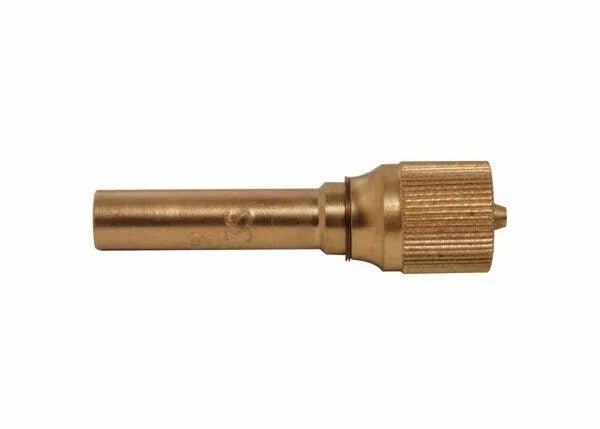 The Harris 9100072 B-15-3S Alternate Fuels Injector Mixer features a cylindrical brass shaft and knurled grip for easy handling, ideal for brazing and heating setups. Shown in metallic gold on a white background.