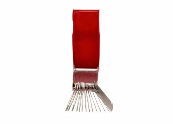 A front-facing view of the Harris Model C-9 Standard One-Piece Tip Cleaner (9000156) with a red handle. Thin, evenly spaced metal prongs extend downward, resembling an onion holder. Background is plain white.
