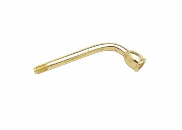 A brass tip tube tire valve extension with a threaded end on one side and a curved, angled tube—similar to those found in Harris Model D-50-C tip tube and Model 1390 series tips—leading to a valve fitting on the other end.