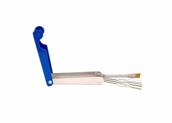 The Harris Model E-9 Two-Piece Tip Cleaner - 9000160 features a blue handle, silver body, small brush on one end, and five flexible wire loops for cleaning or examining teeth against a white background.