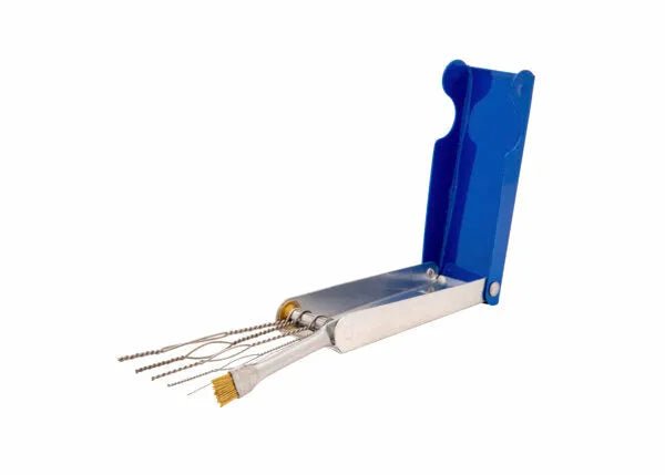 The Harris Model E-9 Two-Piece Tip Cleaner - 9000160 features metal nozzle cleaning needles and brushes, perfect for airbrush or 3D printer nozzles, with twisted wire brushes and fine needles in a blue plastic case on a white background.