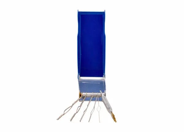 The Harris Model E-9 Two-Piece Tip Cleaner (9000160) is shown open, displaying five twisted metal files with looped or straight handles, fanned out in front of a blue plastic container with a flip-top lid on a white background.