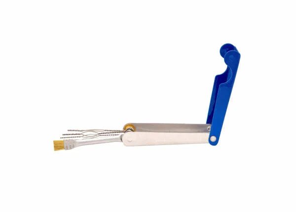 The Harris Model E-9 Two-Piece Tip Cleaner - 9000160, shown in blue and silver with fold-out wire loops, twisted wire tools, and a brush for cleaning or maintenance, is displayed against a plain white background.