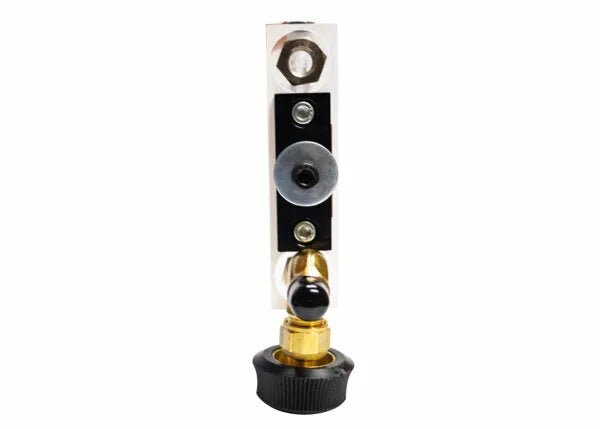 A close-up of a Harris 5401201 - FM520 HVAC Flowmeter terminal block with gold and black screw connector, black plastic insulator, and two vertical metallic screw terminals—ideal for HVAC flowmeter systems.