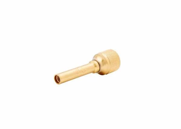 The Harris 9100100 H-16-S Alternate Fuels Injector Mixer, featuring a brass knurled tire valve adapter with a narrow cylindrical tip for tire inflation or fuel mixer connections, is shown against a white background.