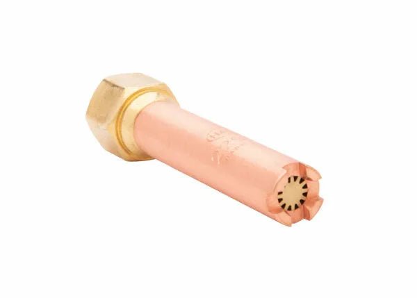 Harris Model H-62-1P Specialty Heating Tip 9100516 for welding, with brass base, copper nozzle—cutting torch accessory on white.