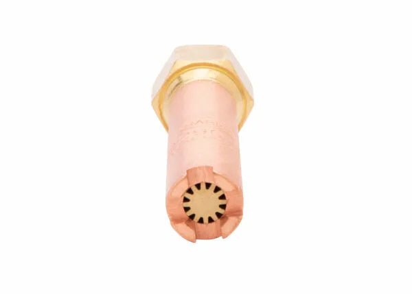 Close-up of Harris H-62-1P Specialty Heating Tip 9100516, copper/brass welding tool accessory with star-shaped nozzle for torches.