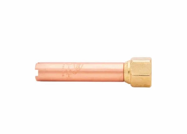 Harris Model H-62-2P Welding Heating Tip 9100518 with copper pipe, hex brass fitting, and open slot, tool for welding equipment.