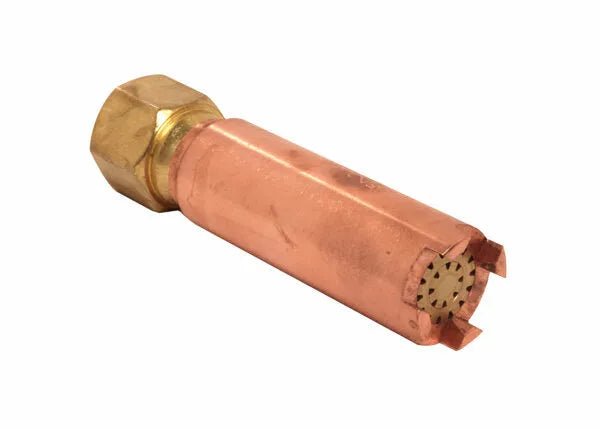 Harris H-62-3P Specialty Heating Tip 9100520 for welding torches, copper/brass, hex fitting, multi-hole end on white background.