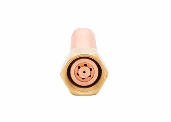 Harris Model H-62-3P Specialty Heating Tip 9100520, brass/copper welding accessory, front view, gas flow holes, white background.