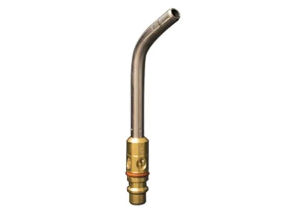 Harris HA-8i Inferno Swirl Heating Tip 1601112 for air acetylene torches, brass base, curved nozzle—welding equipment close-up.