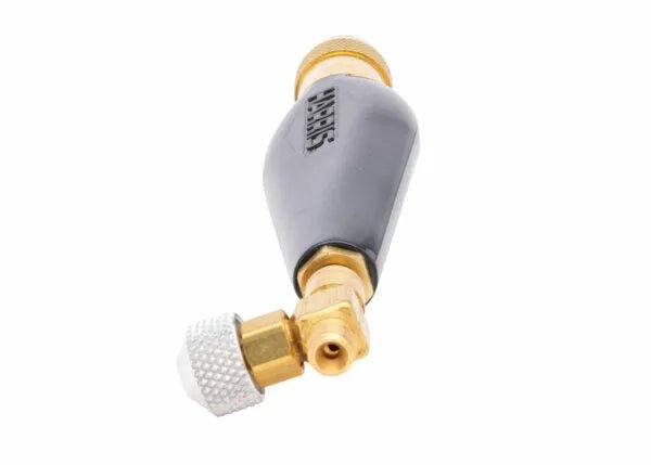 Brass and black valve adapter with knurled silver knob for Harris 1400086 welding torch, ideal welding accessory from WeldingMart.