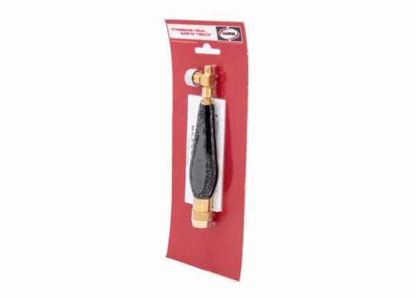 Black and brass tire valve stem tool for Harris 1400086 HAS-400 torch handle, on red and white card; welding accessory.
