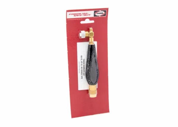 Black rubber expansion plug with brass fittings for Harris torch handle, welding equipment accessory, in retail packaging.