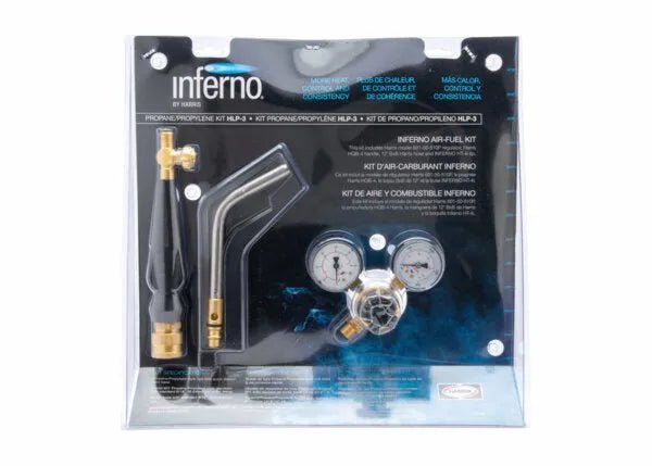 The Harris Model HLP-3 HQB-4 601-510P Quick Connect B hose Inferno Kit (4400090) includes a torch handle, angled nozzle, air fuel gas regulator with dual gauges, and quick connect hose in a blister pack with black cardboard backing.