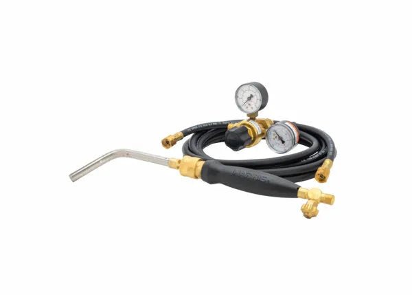 The Harris Model HLP-3 HQB-4 601-510P Quick Connect B hose Inferno Kit - 4400090 features a black handle, brass fittings, curved nozzle, two gauges, regulator, and hoses—ideal for heating and soldering. Items shown arranged on a white background.