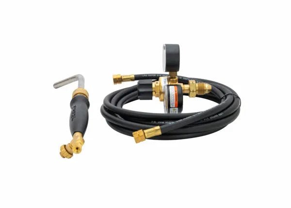 The Harris Model HLP-3 HQB-4 601-510P Quick Connect B Hose Inferno Kit - 4400090 includes a black quick connect hose, brass fittings, an air fuel gas regulator with gauge, and a torch handle with bent metal nozzle on white background.